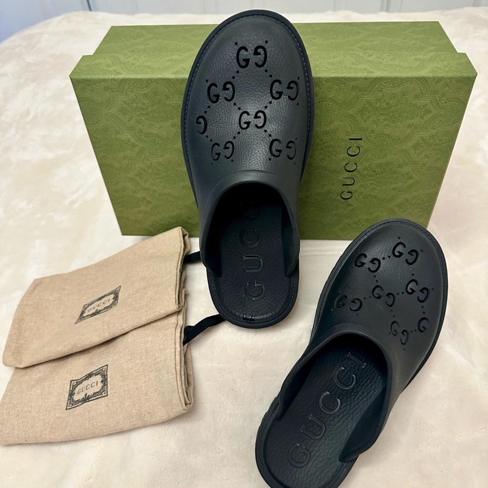 Gucci Clogs-  Black Embossed Slide Sandals